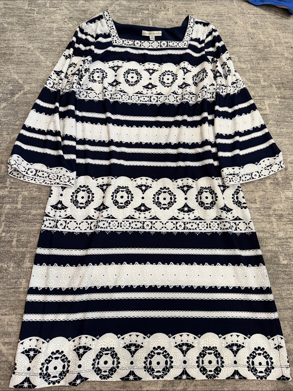Sandra Darren Navy and White Lace-Trim Striped Midi Dress